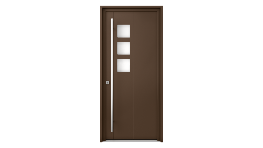 Porte d'entrée aluminium PIPERI 2 Porte d'entrée marron avec barre de tirage et 3 carrés vitrés